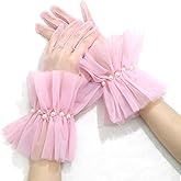 YAEISM Tulle Gloves Short Ruffled Short Mesh Gloves with Pearls Elegant Tea Party Costume Accessories for Women