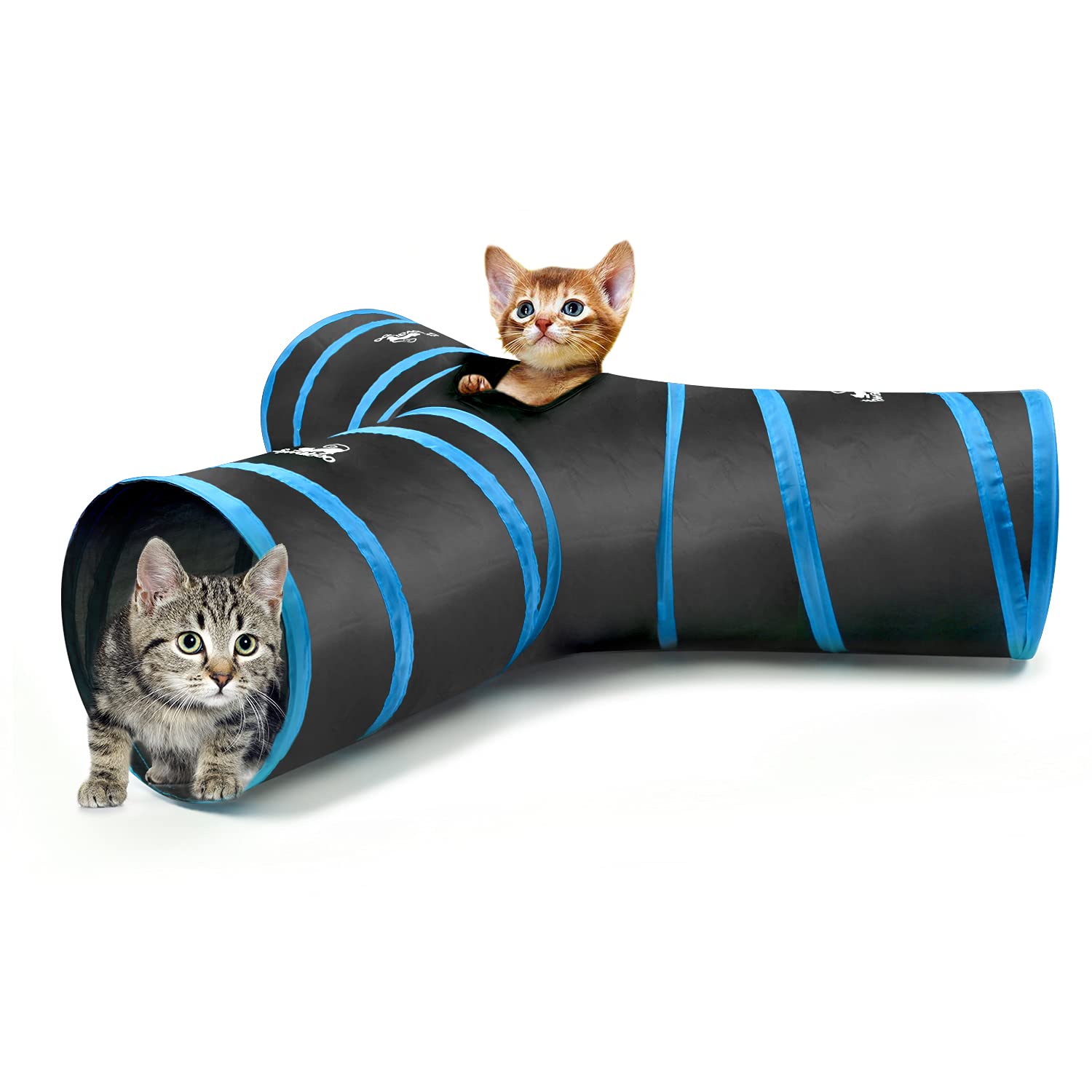 Pawaboo Cat Toys - 3-Way Collapsible Cat Tunnel Tube (25x40cm) with Balls and Bells for Kittens & Small Animals, Blue