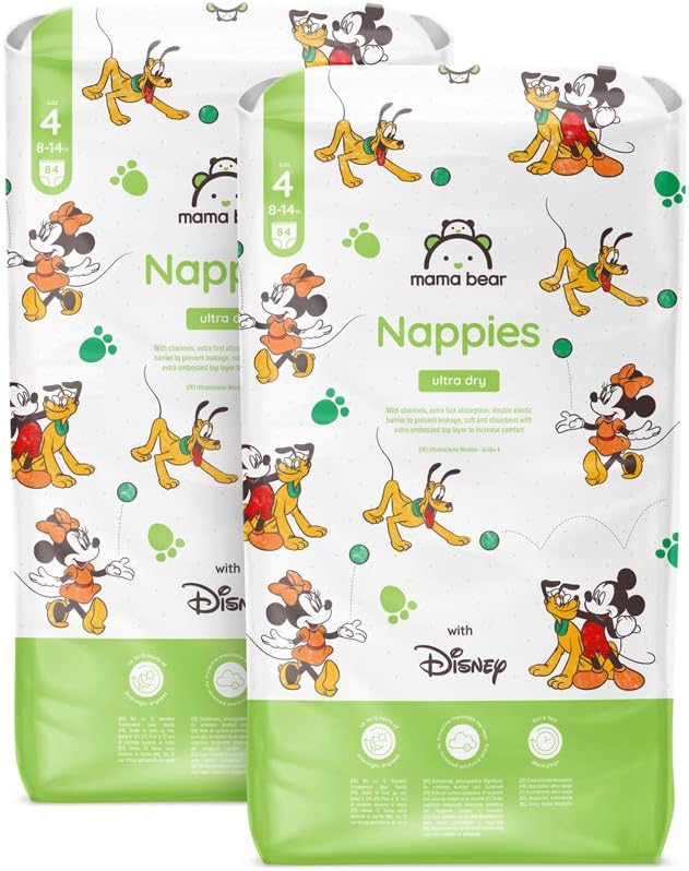 Amazon Brand - Mama Bear Disney Ultra Dry Nappies, Size 4 (8-14 kg), 168 Count (2 Packs of 84), White, Monthly Pack