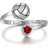 925 Sterling Silver Volleyball Ring Adjustable Birthstone I Love Volleyball Jewelry Gift for Women Player