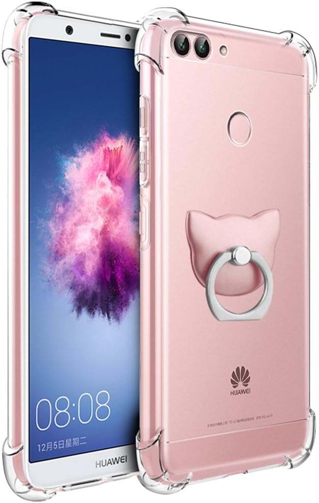 Huawei P Smart Case, FoneExpert Soft TPU Transparent Clear Slim Gel Silicone Cover Case with 360° Rotation Kickstand Ring for Huawei P Smart