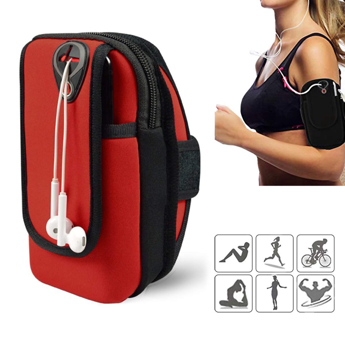 Running Armband for iphone 7, 8, X, XS,XR,Samsung S7, S8, S9, Plus, Note 8, Oneplus 5t, Pixel 2, Huawei P20 Pro（Up to 6" ） phone armband,running bag,arm band,phone running, Armband Bag (Red)