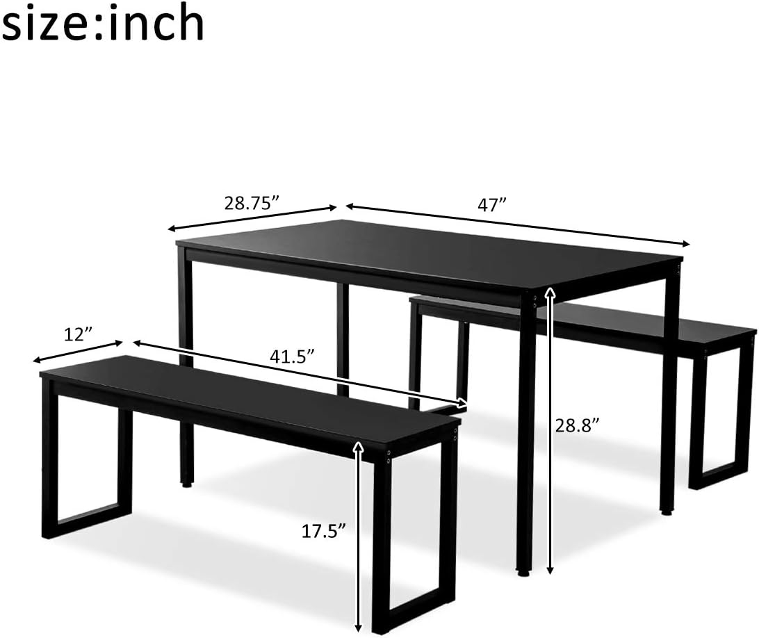 Rhomtree 3 Pieces Dining Set Table with 2 Benches Kitchen Dining Room Furniture Modern Style Wood Table Top with Metal Frame (Balck + Black) - Table & Chair Sets