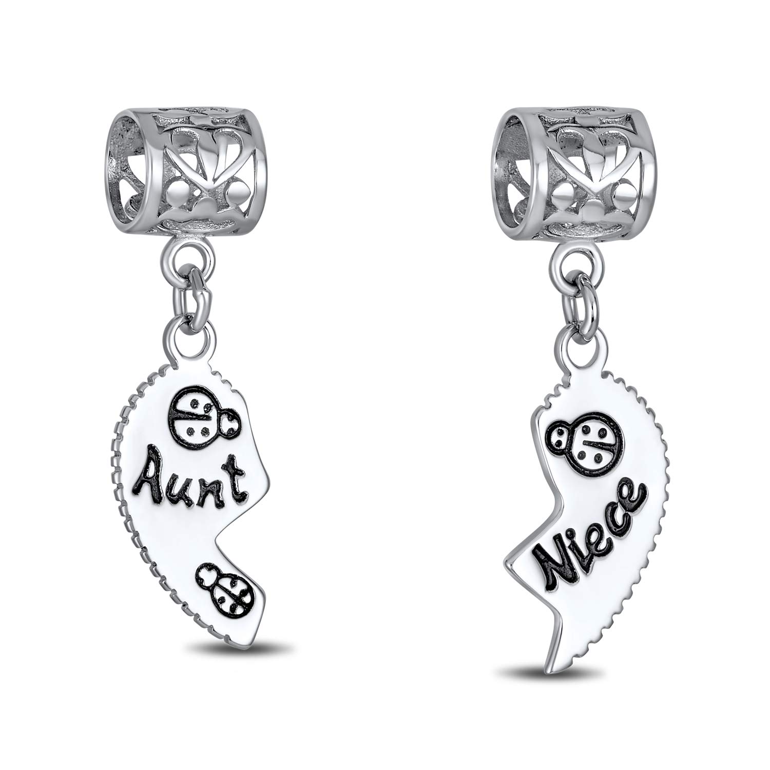 Bling Jewelry Personalized BFF Ladybug Puzzle Two Piece Split Heart Shape Words Aunt Niece Dangle Bead Charm Oxidized .925 Sterling Silver Fits European Bracelet
