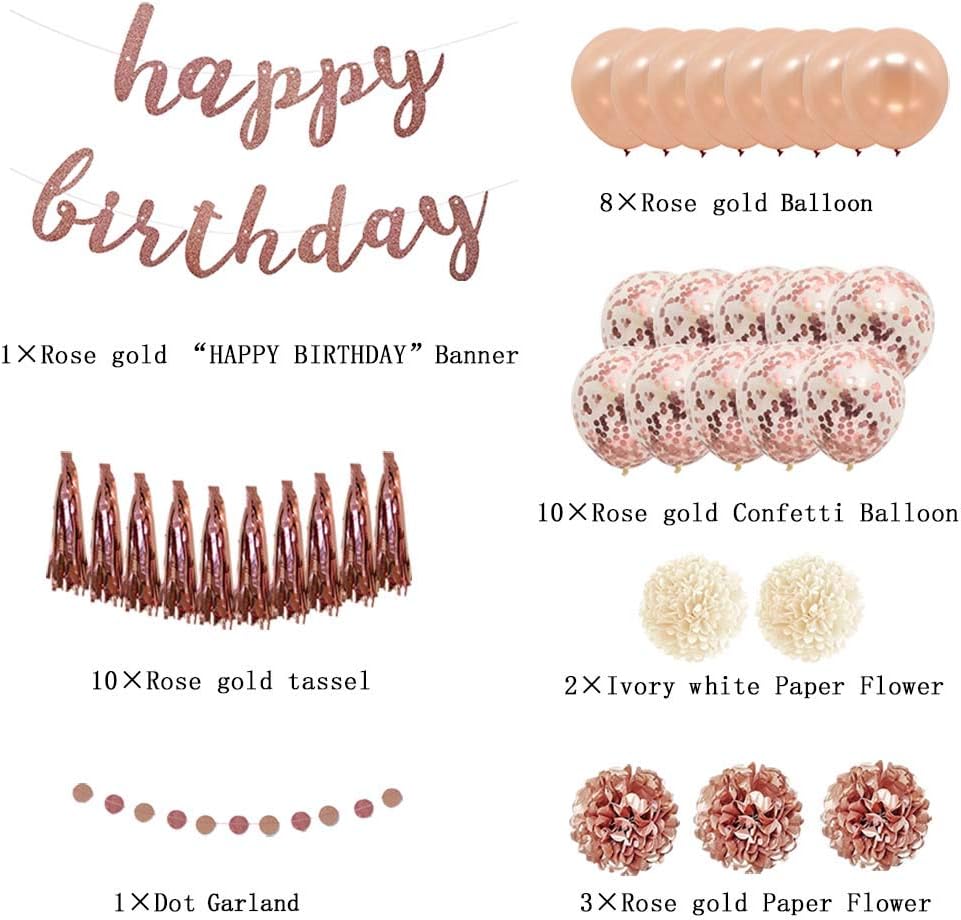 XDS Happy Birthday Decorations Rose Pink for women men girls boys, Happy Birthday Banner,Birthday Balloons,Paper Tassel, Paper Flower,Dot Garland for first 10th 16th 17th 19th Birthday Party Supplies: Toys & Games