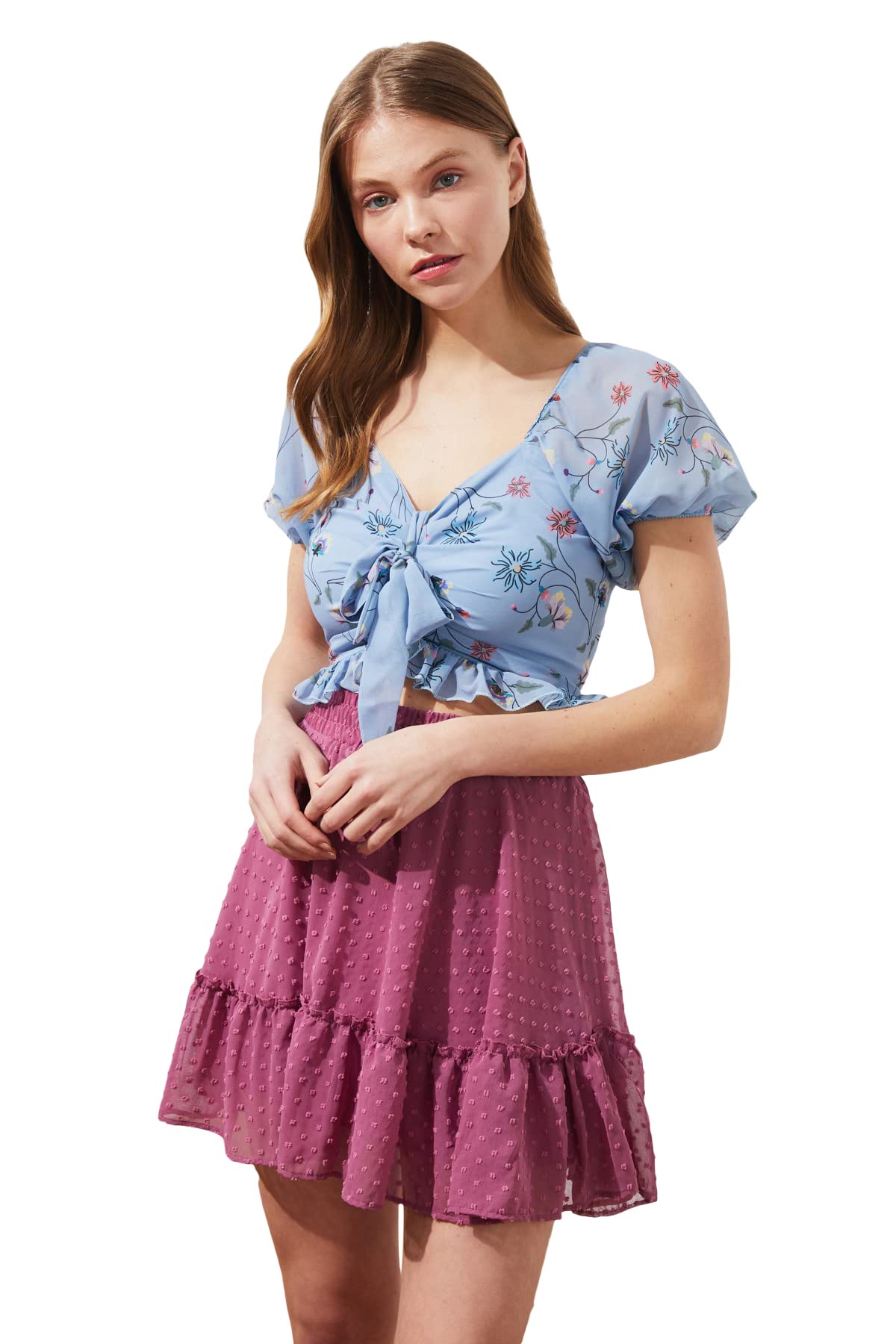 Trendyol Women's Blue Link Detailed Harvest Blouse, Blue, 40