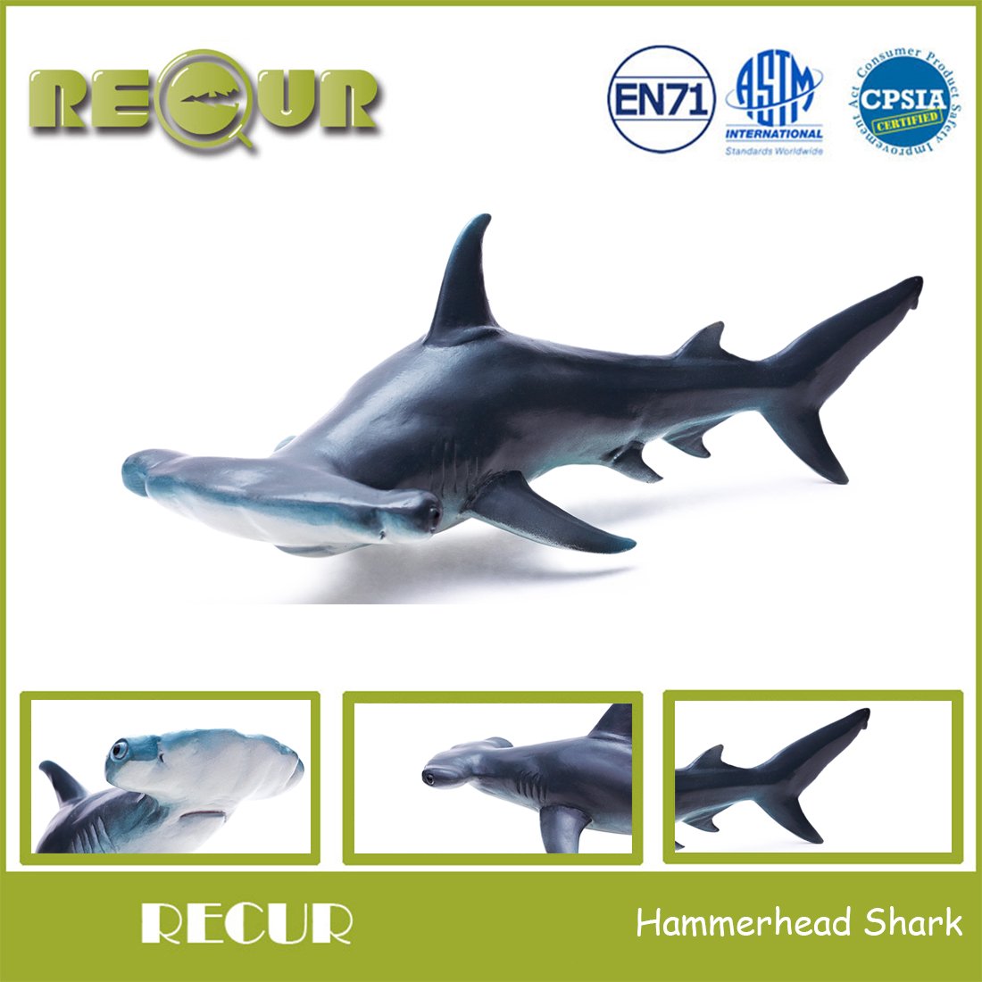 RECUR Toys Hammerhead Shark Figure Toys, Hand-Painted Skin Texture Ocean Shark Figurine Collection-10.8inch Realistic Design Shark Replica 1:15 Scale, Gift for Collectors and Boys Kids , Ages 3 And Up