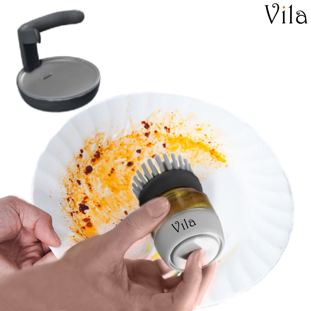 Soap Dispensing Palm Brush by Vila – Tough on Scrubbing Grease Away - Keeps Your Kitchen Counter Tidy - Makes Dishwashing an Enjoyable, Relaxing Chore - Comfortable & Stress-Free dishwashing