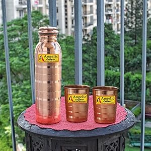 Angelic Copper Designer Bottle with Glasses Set, 1 Litre, Set of 2, Brown