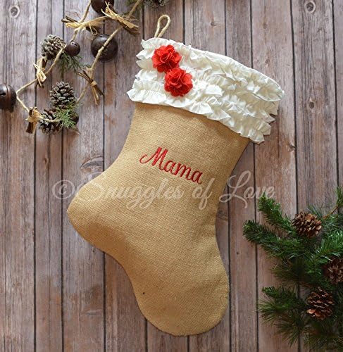 Burlap Christmas Stocking - Tan Burlap Stocking with Ivory Cream Ruffles, Red Burlap Flowers and Optional Embroidered Name - Handmade by Snuggles of Love