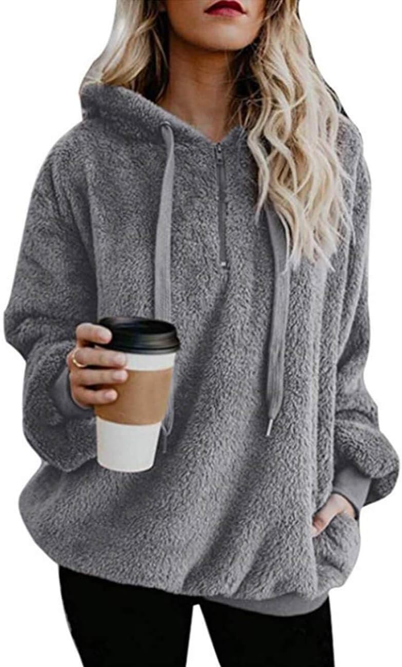 Women's Oversized Sherpa Long Sleeve Pullover Zip Sweatshirt Fleece Hoodies with Pockets