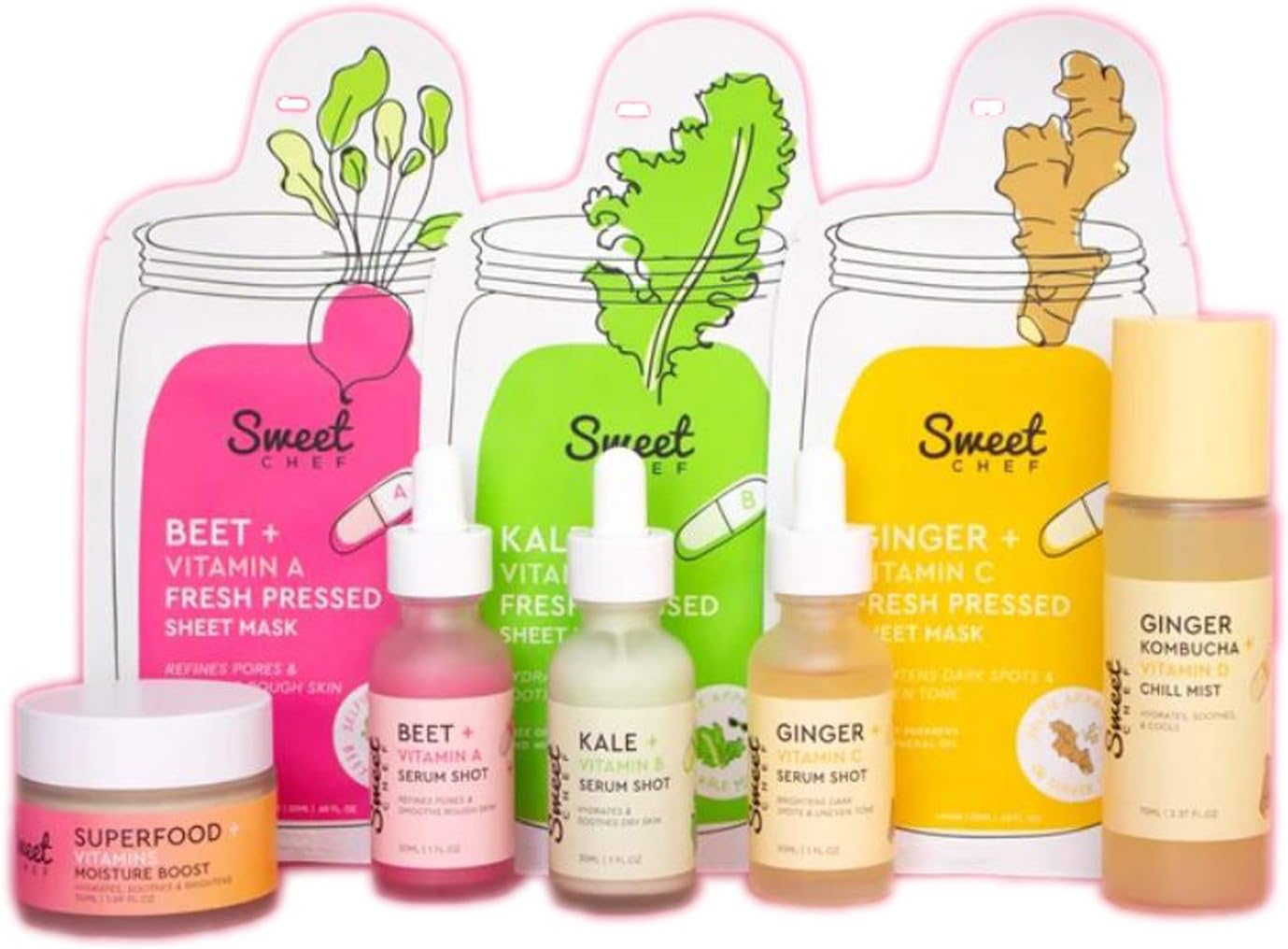 Sweet Chef Veggie Cookbook 8 Piece Skin Care Set! Includes 3 Sheet Mask, 3 Face Serums, Face Mist and Face Moisturizer! All The Ingredients For Healthy, Nourished And Revitalized Skin!
