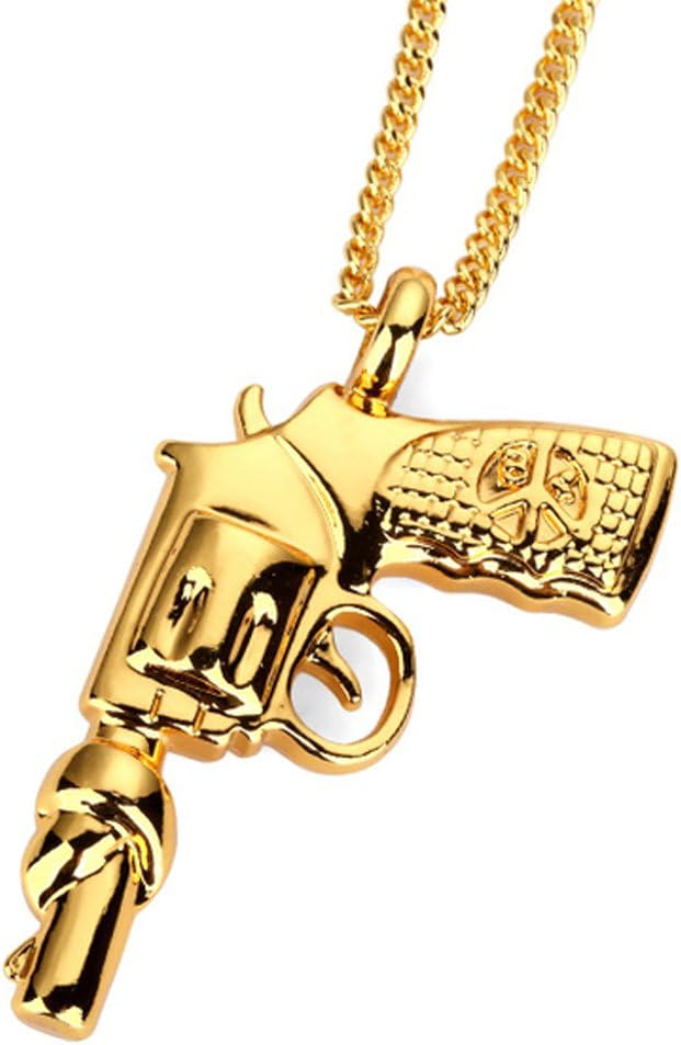 18k Gold Plated Mens Hiphop Machine Gun Necklace with 24" Inch Cuba Chain Pistol Pendant for Boy Girl (Revolver necklace)