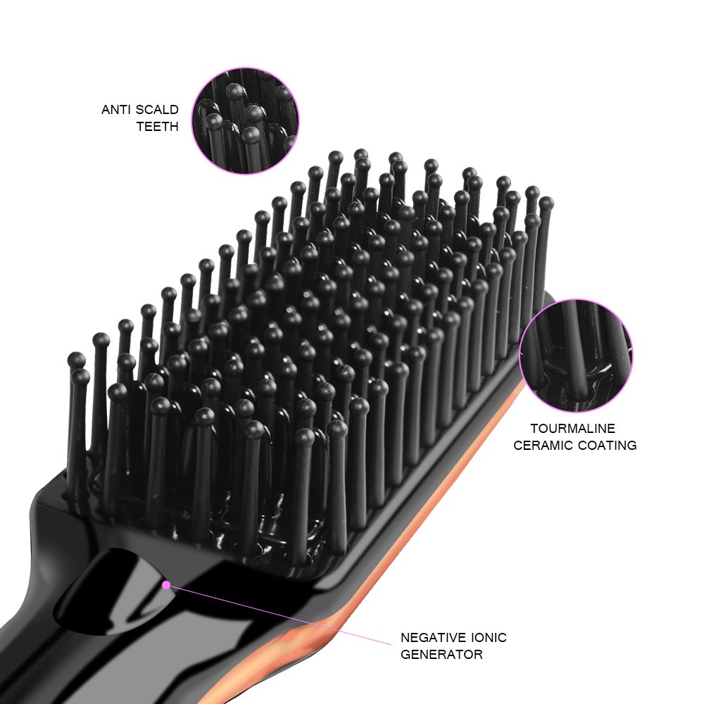 Hair Straightener Brush,YALUYA Ceramic Irons Straightener Brush Detangling and Silky Frizz-free Electric Comb,Amber Gold / Black