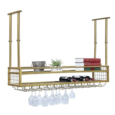 Buy Hanging Wine Rack With Glass Holder And Shelf Adjustable Metal Ceiling Bar Wine Glass Rack 2 Layer Industrial Wall Mounted Wine And Glass Rack 47 2in Iron Bottle Holder Wine Shelf Golden Online In Kuwait B07ys3cs1j