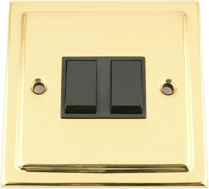 Light Switch 2 Gang Victorian Polished Brass Black Insert Plastic