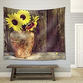 High Contrast, Vintage Image of a Rustic Vase with Beautiful Sunflowers - Fabric Wall Tapestry Home Decor - 51x60 inches