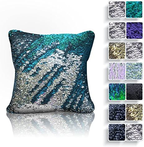 Magic Mermaid Sequin 16x16-Inch Throw Pillow Cover, Silver & Aqua