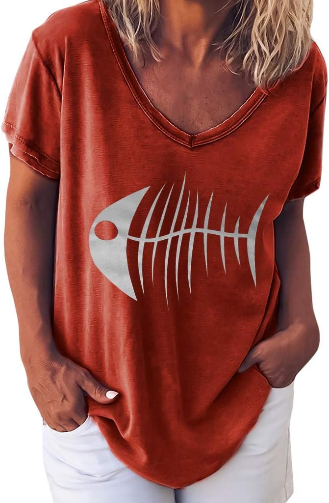 Fashion Women Casual V-Neck Loose Tops Short Sleeve Fish Bones Printed T-Shirt Tronet Summer Tops for Women