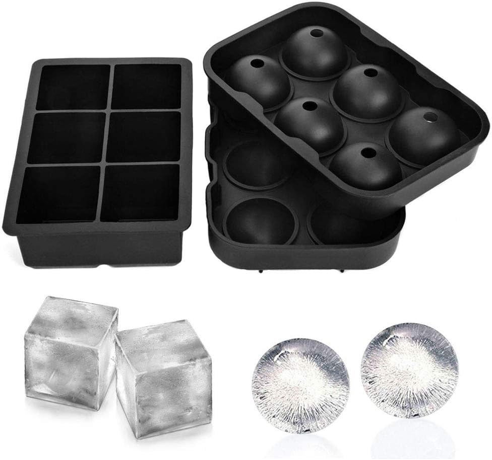 Ice Cube Trays Silicone, Set of 2 Ice Cube Molds, Ice Ball Maker with Large Square Molds for Whiskey Cocktails Soups Baby Food and Frozen Treats, Reusable, Easy-Release Flexible and BPA Free Black