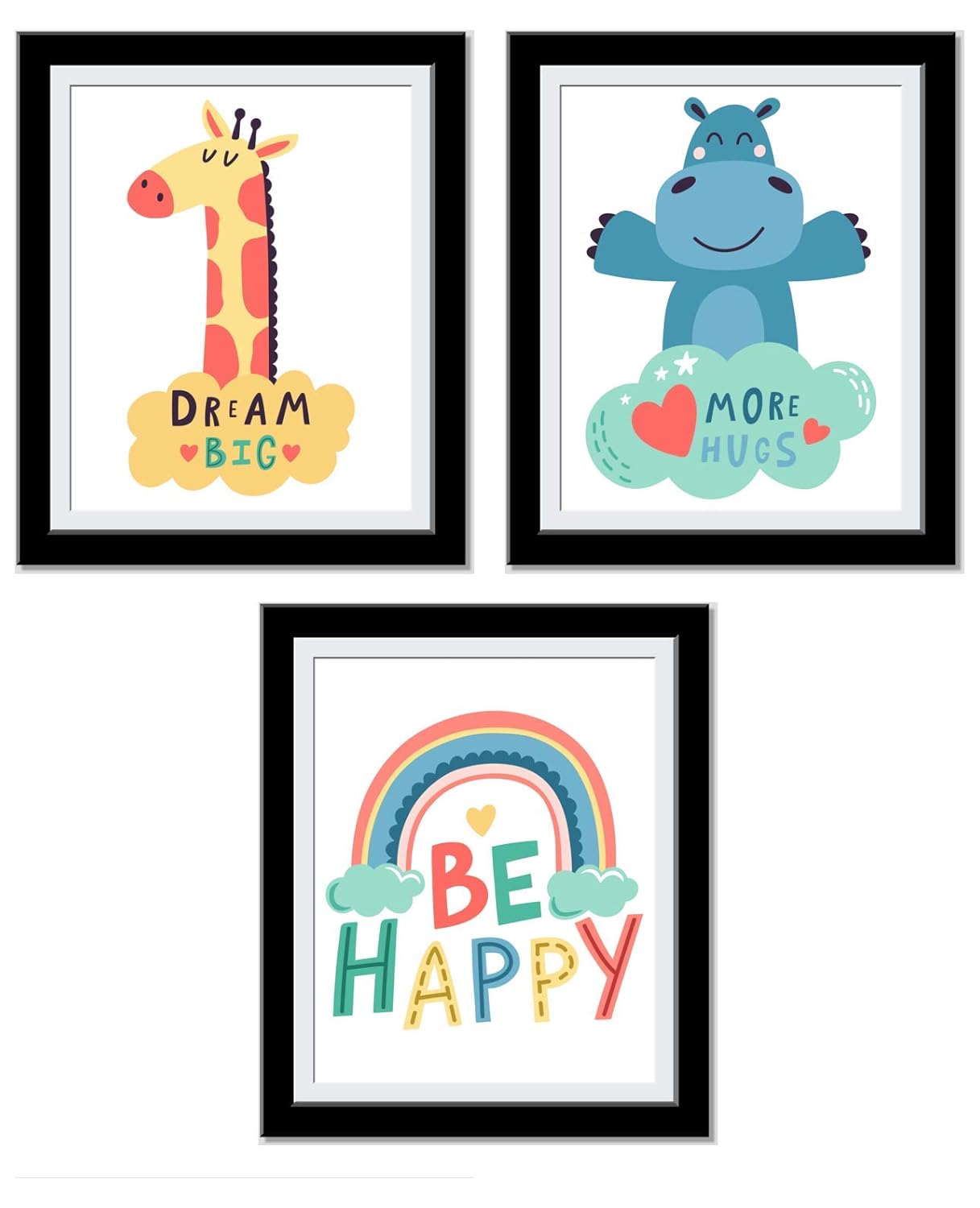 Jungle Safari Nursery Wall Decor Art - Cute Kids Room Decor - Dream Big, More Hugs, Be Happy Wall Art- UnFramed…