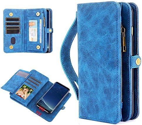 CXCase Galaxy S8 Plus Wallet Multi Card Holder [ID Slot][Card Slots][Zipper][Hand Grip] Folio PU Leather Cover With Detachable Magnetic Hard Case For Samsung Galaxy S8 Plus (SM-G9550) - Coral Blue