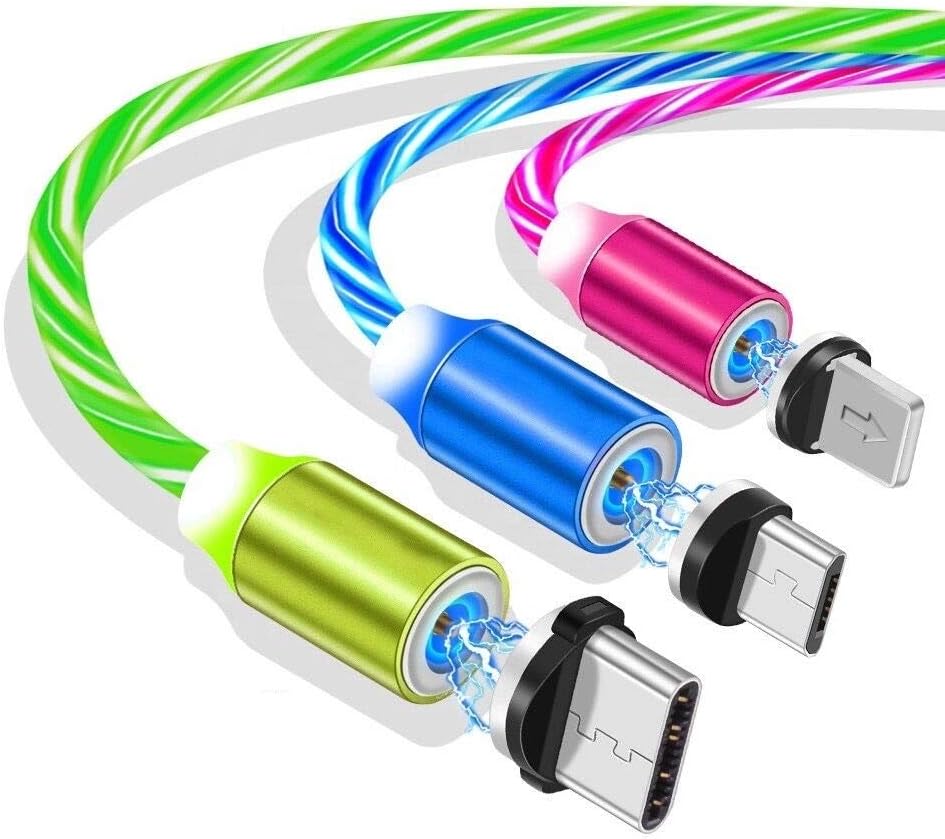 Ruibo Sike 3 in 1 Magnetic USB Cable, 2.4A High Speed USB to Micro USB Charger Cable - Flowing LED Light Up Android Charger Cable (Blue)