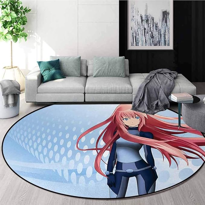 DESPKONHOME Anime Round Rugs For Bedroom,Futuristic Manga Girl Science