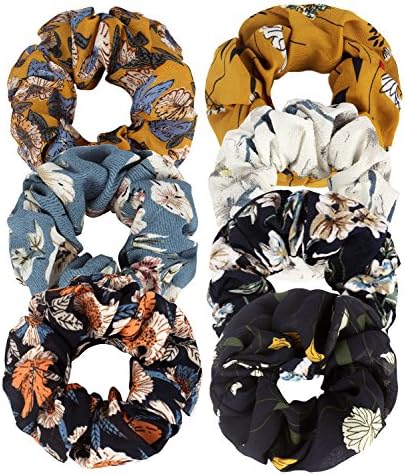Whavel 7 Pack Large Chiffon Scrunchies Women's Flower Hair Scrunchies Elastics Hair Ties Hair Bow Chiffon Ponytail Holder