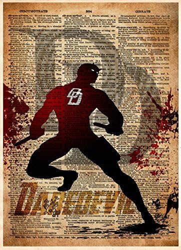 Daredevil superhero wall art, cool splatter art style, silhouette dictionary book page art