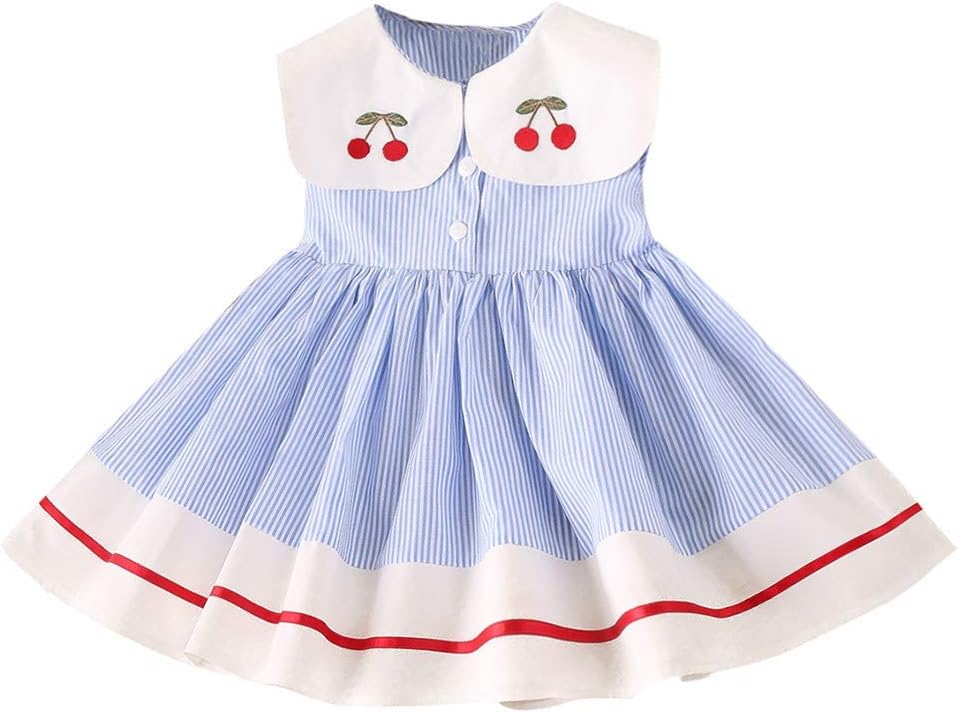 Toddler Kids Baby Girls Clothes Summer Sleeveless Cherry Stripe Party Princess Dresses
