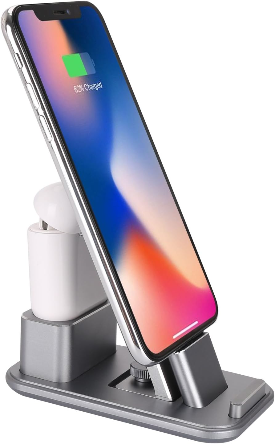 WNJW Charging Dock Charger Stand Compatible with iPhone&AirPods 3 in1 Aluminum Charging Stand Station(CASE Compatible) Compatible with Airpods/iPhoneX/Xs/Xs Max/8/8Plus/7/7Plus/6/6s/6sPlus(Gray)