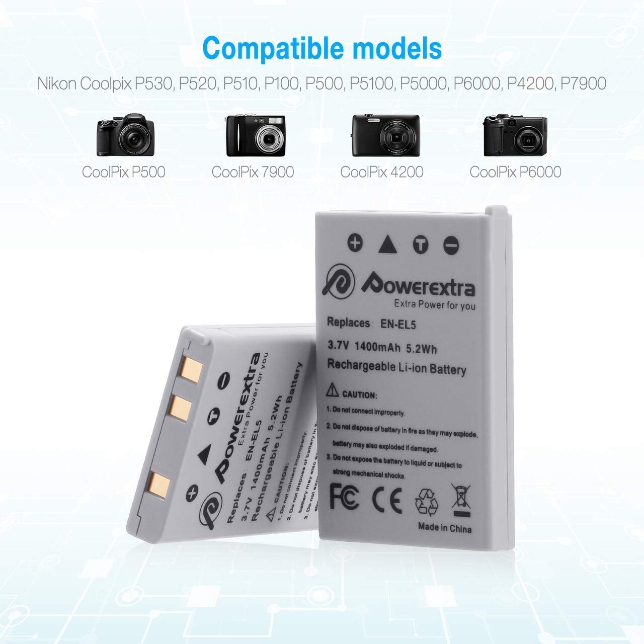 Powerextra 2 x EN-EL5 Replacement Battery and Dual LCD Battery Charger Kit for Nikon CoolPix P530, P520, P510, P100, P500, P5100, P5000, P6000, P90, P80, 4200, 5900, 7900, P3, P4, S10 Cameras
