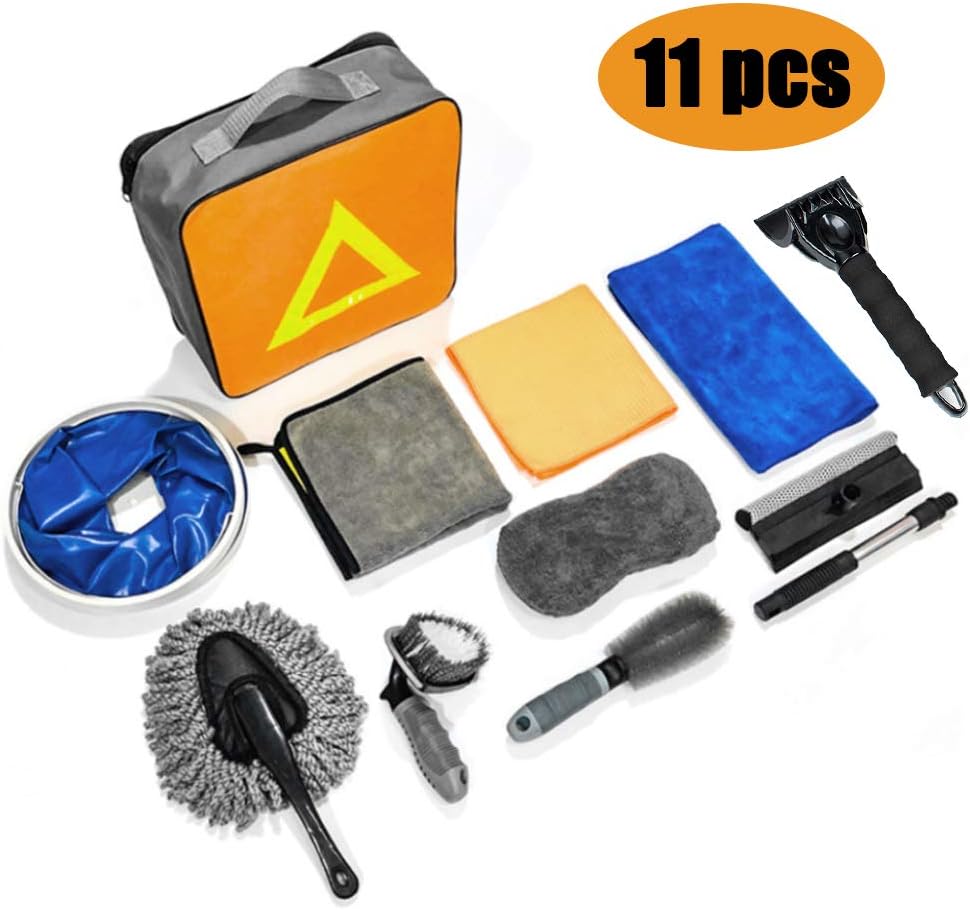 Hhobake 11Pcs Car Cleaning Tools Kit Car Wash Tools Kit for Detailing Interiors Premium Microfiber Cleaning Cloth Car Wash Sponges Tire Brush Window Water Blade and Snow Shovel: Automotive