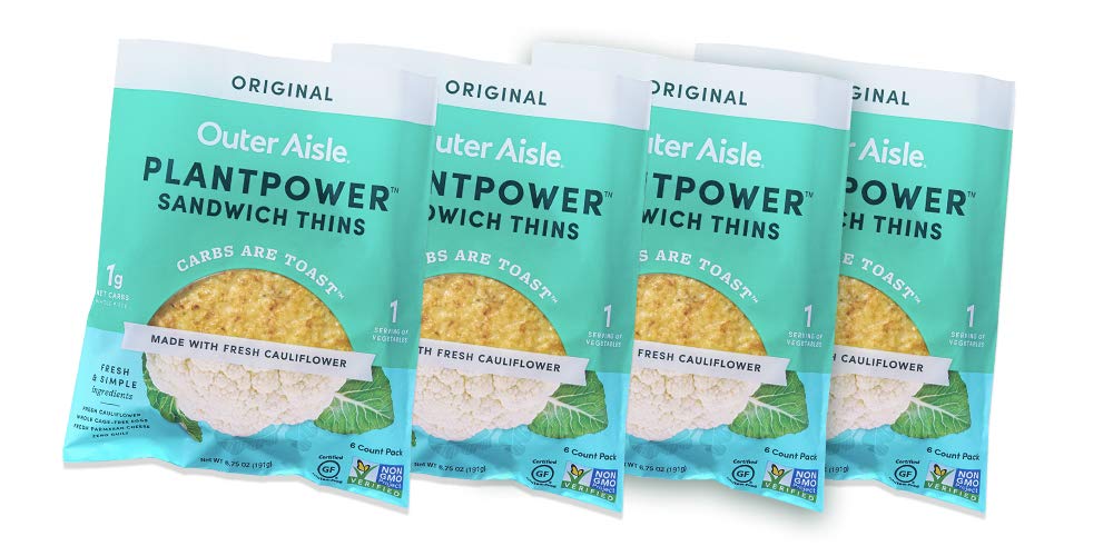 Outer Aisle Gourmet Cauliflower Sandwich Thins | Keto, Gluten Free, Low Carb Cauliflower Bread | Original Sandwicher 4 pack | 24 Thins