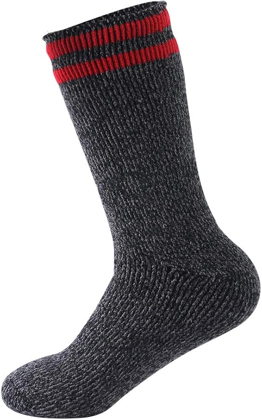 (1 Pair, L, Grey+Red Stripe) Bun Large Warm Thermal Socks