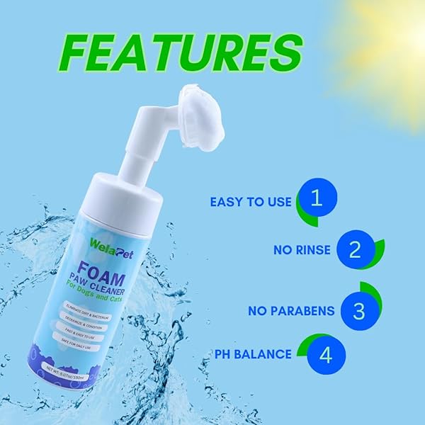 WELAPET FOAM PAW CLEANER | NO-RINSE FOAMING CLEANSER WITH SILICONE BRISTLE BRUSH FOR GENTLE DEEP CLEANING | FRAGRANCE-FREE, PH-BALANCED FORMULA SAFE FOR ALL DOGS AND CATS | 5OZ