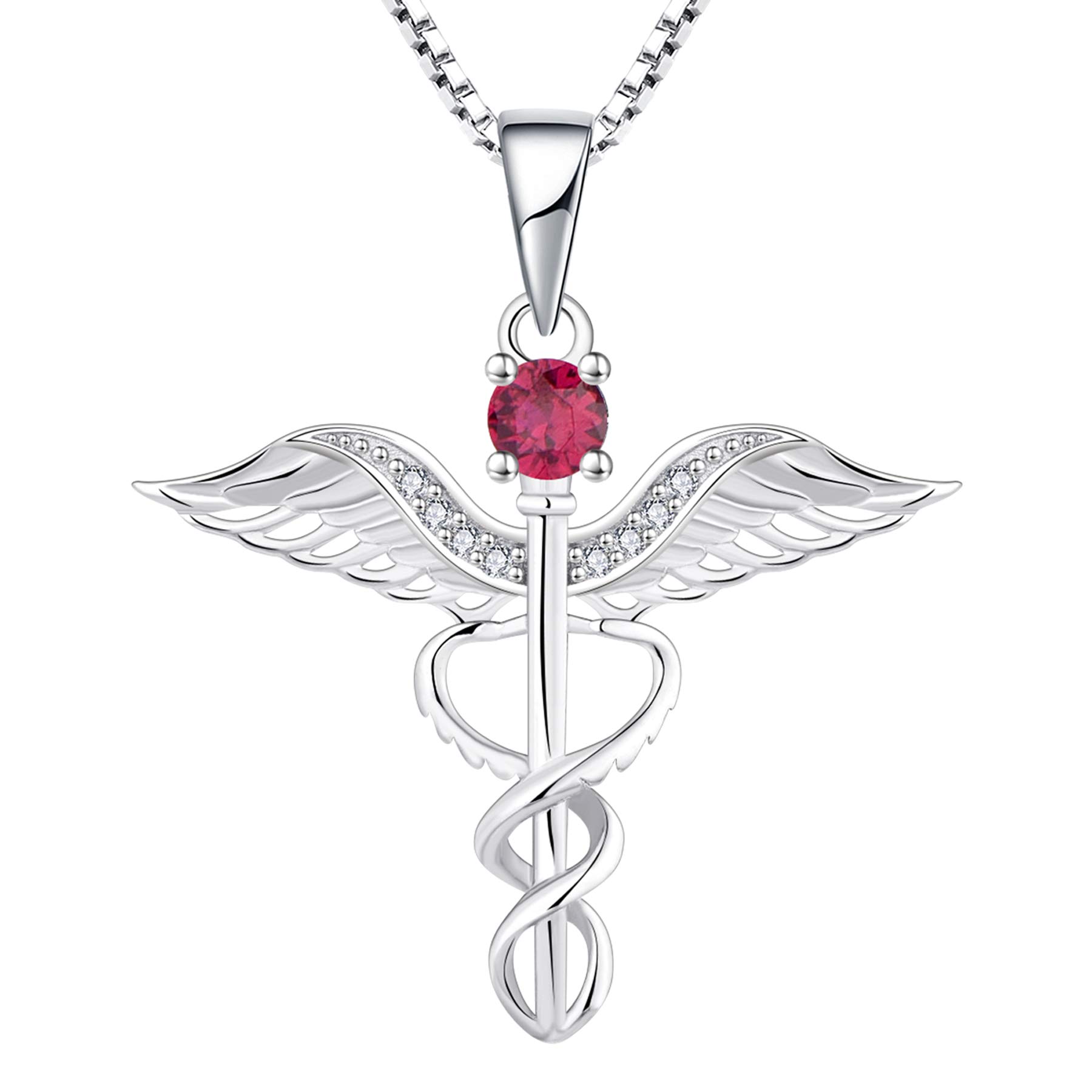 YL Nurse Necklace 925 Sterling Silver cut July Birthstone Ruby Angel Wings Caduceus RN Registered Pendant Necklace