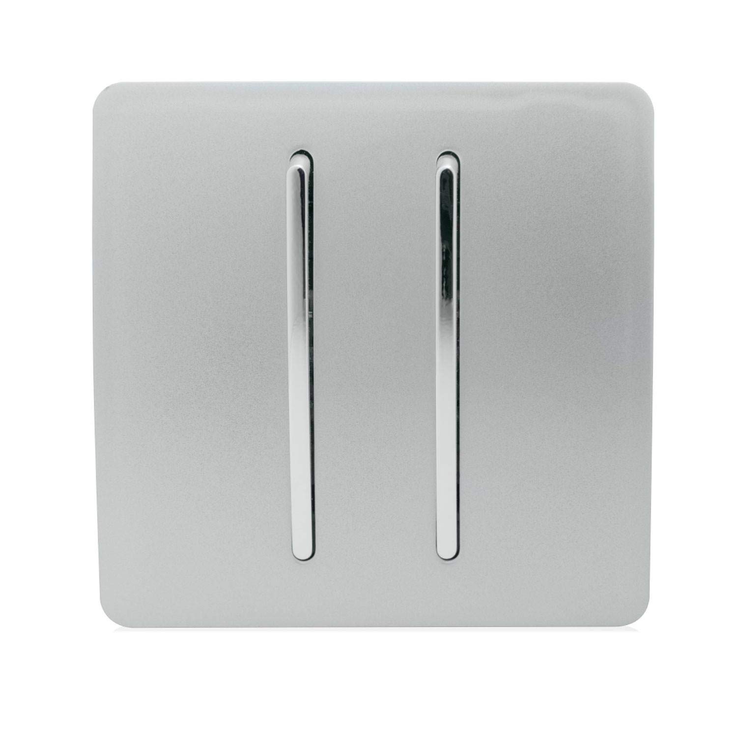 Trendi 2 Gang (2 Way & 3 way Intermediate) 240V Screwless Raised Front Plate Plastic Artistic Modern Glossy 10 Amp Chrome Rocker Double Electrical Wall Light Switch Platinum Silver - ART-SS29SI