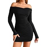 Women's Long Sleeve Off Shoulder Mini Dress Sexy Bodycon Ruched Going Out Wedding Guest Club Party Short Dresses