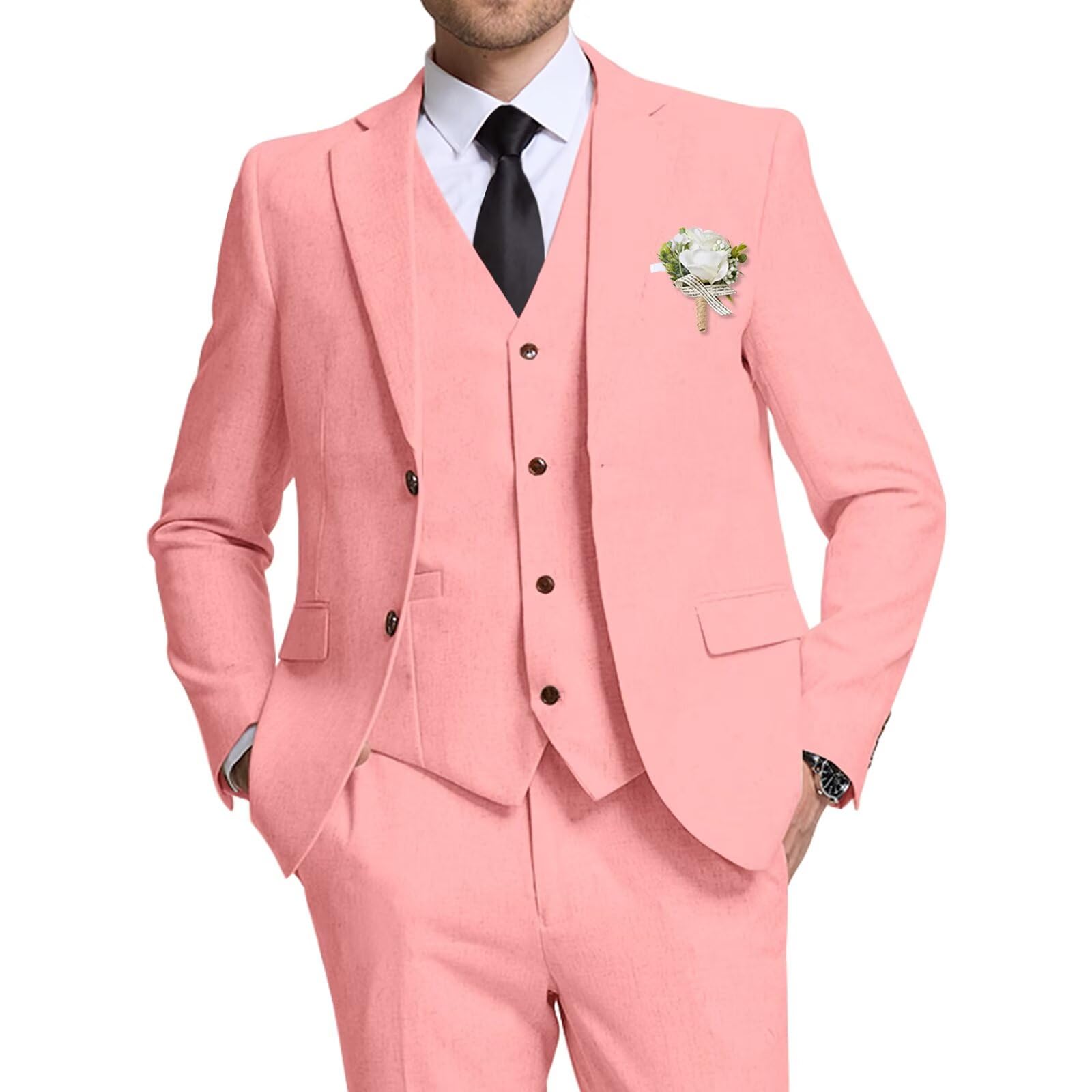 High-End Suits Retro Linen Mens Suit 3 Pieces Light