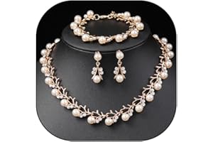 Rrdaily Rhinestone Pearl Wedding Jewelry Set for Bride Bridesmaid Bohemia Adjustable Beaded Crystal Bracelet Necklace Exaggerated Pearl Earring Set for Women