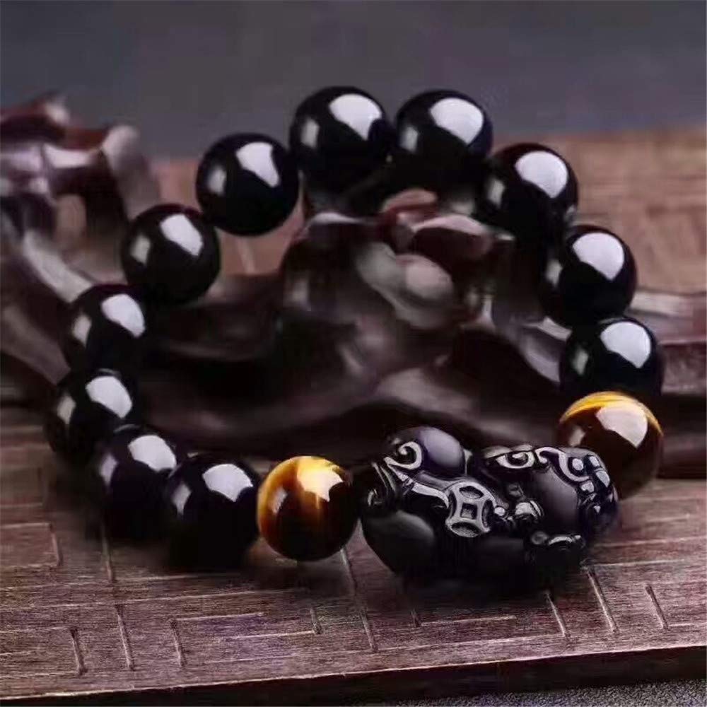 Feng Shui The Best 10mm Black Hand Carved Mantra Bead Bracelet with Obsidian Pi Xiu/Pi Yao Lucky Wealthy Amulet Brecelet with Tiger's Eye/Black Stone