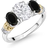 Gem Stone King 2.33 Cttw 925 Sterling Silver and 10K Yellow Gold IGI Certified Lab Grown Diamond and Black Onyx 3 Stone Ring For Women | Center Oval Diamond 1.5 Ct | E-F Color | VS1-VS2 Clarity
