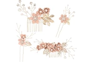 BOWINR 4 Pcs Wedding Hair Comb Pearl Crystal Bride Rose Gold Hair Accessories Hair Side Comb Clips Flower Rhinestone Head Pieces for Bridesmaid Women and Girls