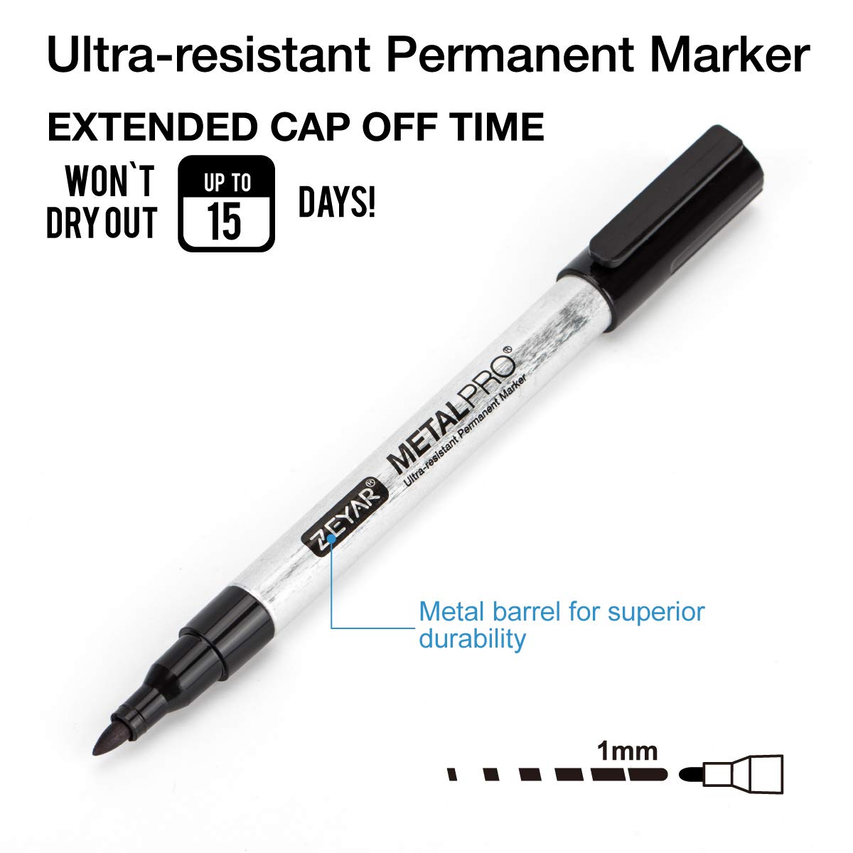 ZEYAR Permanent Markers, Extra Fine Tip(1mm), Set of 12, 4 Colors, Premium Waterproof & Smear Proof Aluminum Barrel Markers, Quick Drying