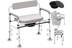 SEATYUPRO Adjustable Medical Bedside Commode Chair with Padded Backrest, Drop Arm Support
