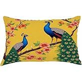 IBILIU Watercolor Peacocks Throw Pillow Covers 12x20 Inch,Cherry Tree Flower Colorful Bird Yellow Rectangle Lumbar Pillow Cover,Decorative Cotton Linen Cushion Covers for Bedroom,Sofa,Couch