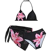RoseSeek Girl's 3 Piece Swimsuits Floral High Waisted Bikini Bathing Suit with Mesh Coverups Skirt