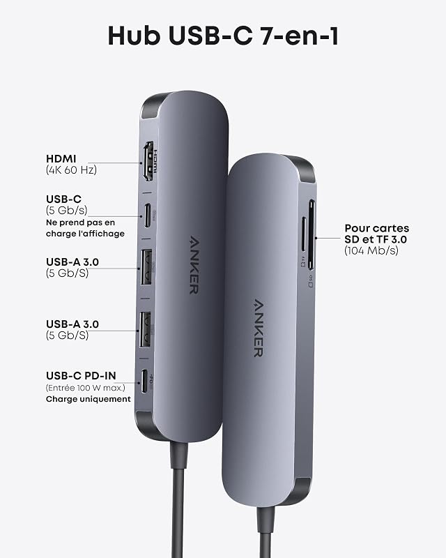Hub USB C, Concentrateur 7 en 1, Répartiteur HDMI 4K 60 Hz